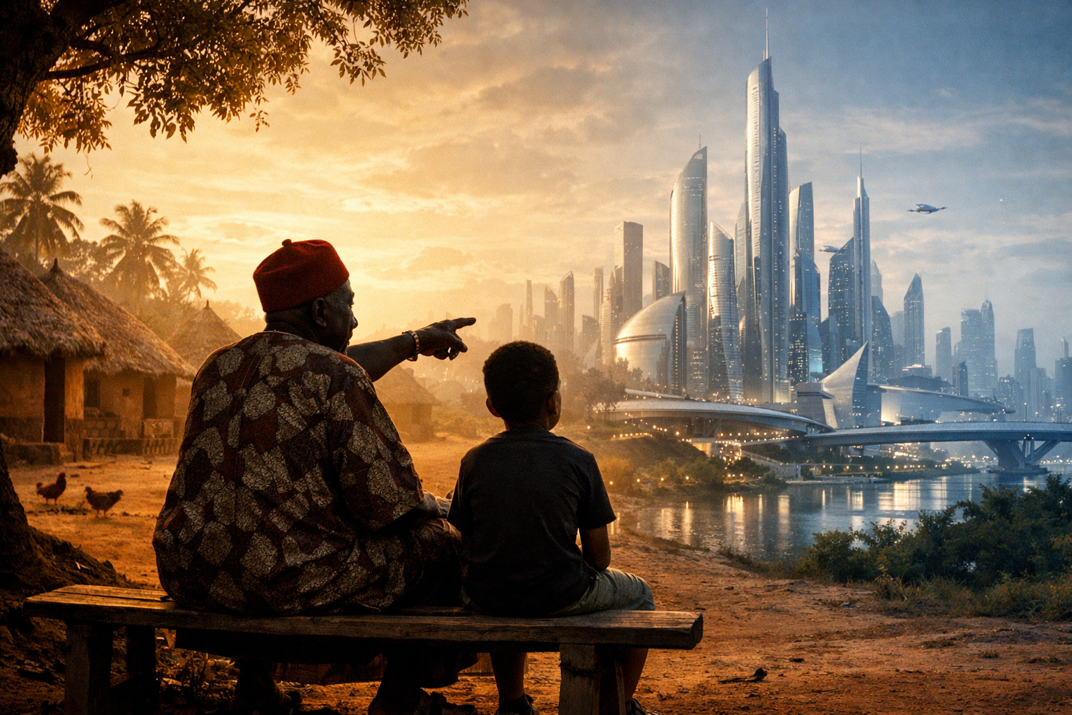 An elder and young person sharing stories under a tree at golden hour