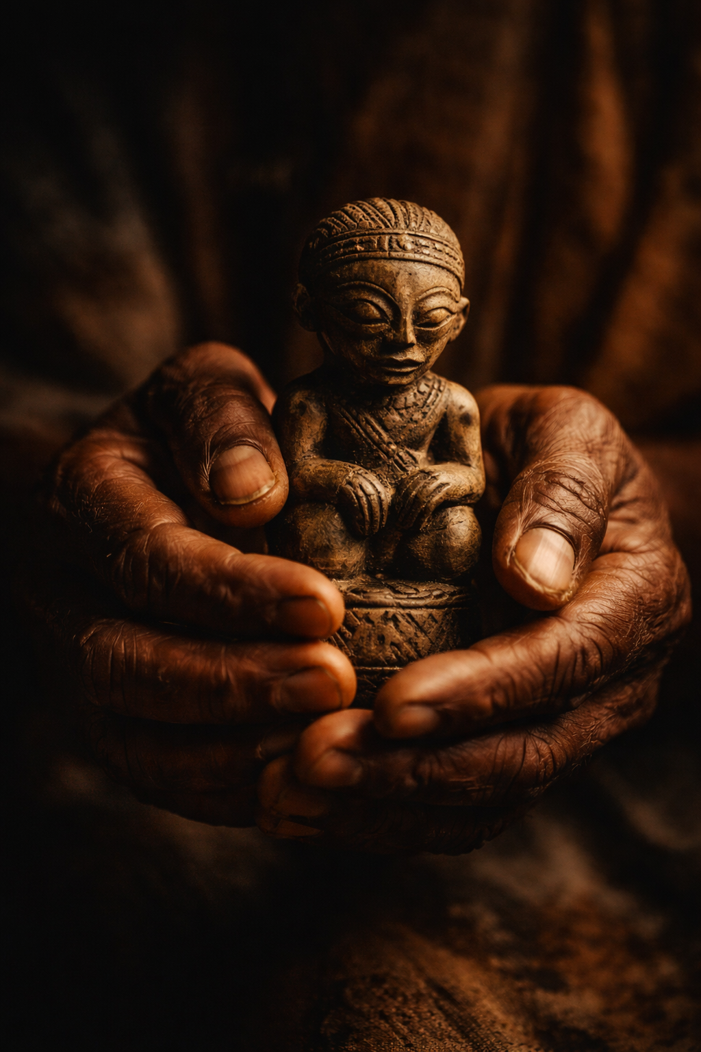 Elder's hands holding a traditional carved object